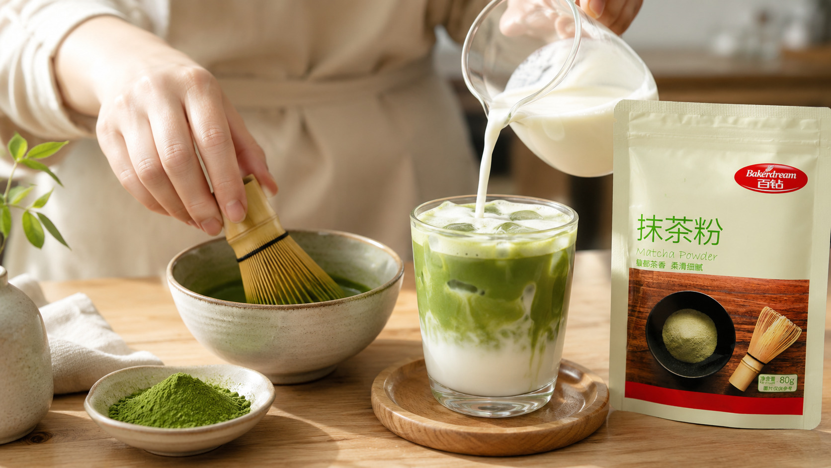 Jak připravit matcha latte doma – šlehání japonské matchy a nalévání mléčné pěny krok za krokem